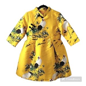 Chinoiserie Chinese Brocade Yellow Crane Dress Zip back NWT Size XL